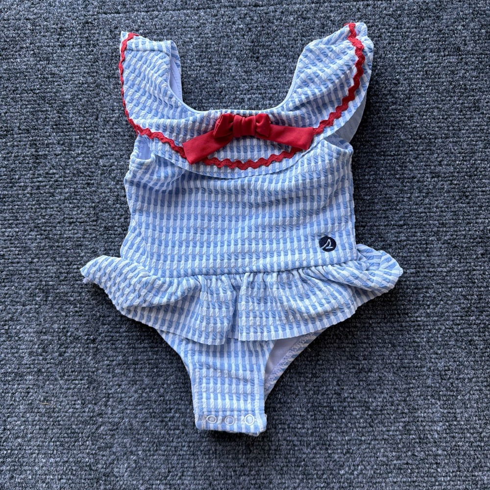 Sperry Infant Girls UPF 50+ UV Seersucker Striped Ruffle Swimsuit Red Bow Sz 9M